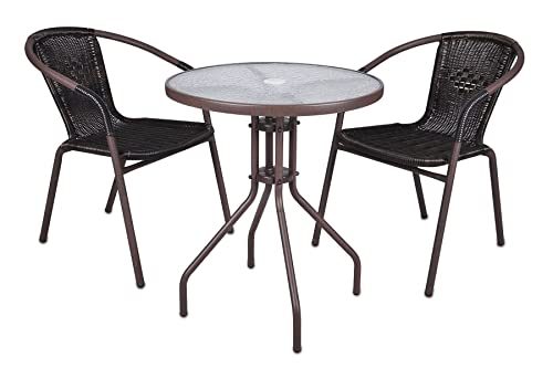 Nexos Trading Bistroset Balkonset Rattanset – Sitzgarnitur aus Glastisch & Bistrostuhl – Stahlgestell Poly-Rattan Glasplatte – robust stapelbar – dunkel-braun