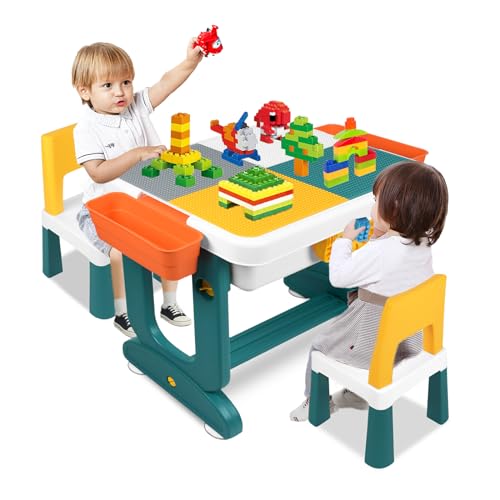 TWOLIIN Kindertisch mit 2 Stühle Spieltisch, Kinder Tisch Stuhl Multifunktionaler Aktivitätstisch, Baustein Tisch Stuhl Set mit 300 Stück Bausteine und Stauraum