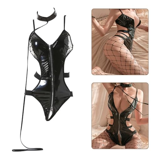 GKLWEJ Sexy Dessous Set für Damen Mit Kragen, Netzstrümpfen und Offenem Schritt - Erotische Reizwäsche Unterwäsche Mit Strapsen