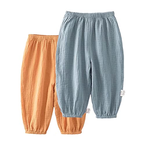 Baby leichte Lange Hose Anti-Moskito Bloomers Baumwolle Klimahose Jungen Mädchen Sommerhose 2er Pack(Orange-Grau, 92-98)