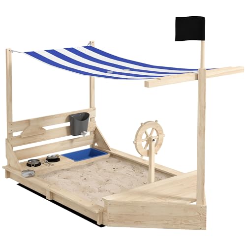 Outsunny Sandkasten Sandkiste groß mit Abdeckung im Schiff Design Matschekiste aus Holz Segelschiff Spielhaus mit Küchenspielset Aufbewahrung für Kinder 3-7 Jahre Naturholz 180 x 103 x 144,5 cm