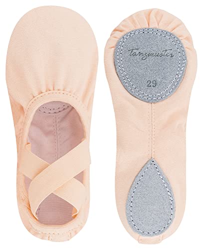 tanzmuster ® Ballettschuhe Mädchen Ballettschläppchen - Leon - 100% Baumwolle, elastischer Saum, Geteilte Ledersohle, Ballett-Rosa, Größe 27