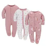 3PCS Baby Schlafstrampler Babychlafanzug Babyschlafsack Baumwolle mit Füßen mit knöpfen Gr. 56 62 68 für Junge Mädchen Neugborenen (Rosa, 62)