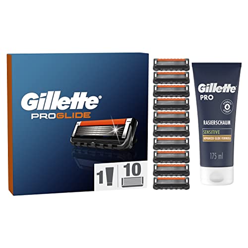 Gillette ProGlide Rasierklingen und Bartpflege Set für Rasierer, 10 Ersatzklingen für Nassrasierer Herren + Gillette PRO Sensitive Rasierschaum 175 ml, Geschenk für Männer