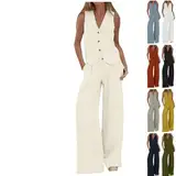 Hosenanzug Damen Elegant Zweiteiliger Business Ärmellos Blazer V-Ausschnitt Weste mit Knopfleiste und Lange Hose 2 Stück Casual Slim Fit Anzug Blazer Hosen Office 2-teilig Set Einfarbig Outfit Sets