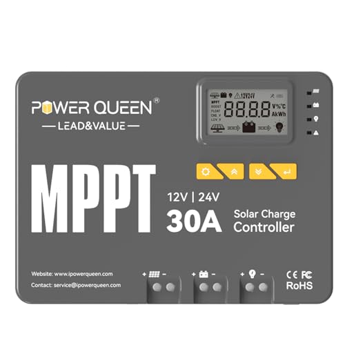 Power Queen 12/24V 30A MPPT Solarladeregler, Max 900W Eingangsleistung, eingebautes Bluetooth Modul, LCD Display, Standard für LiFePO4 Batterie und kompatibel mit versiegelten, Blei-Säure Batterien