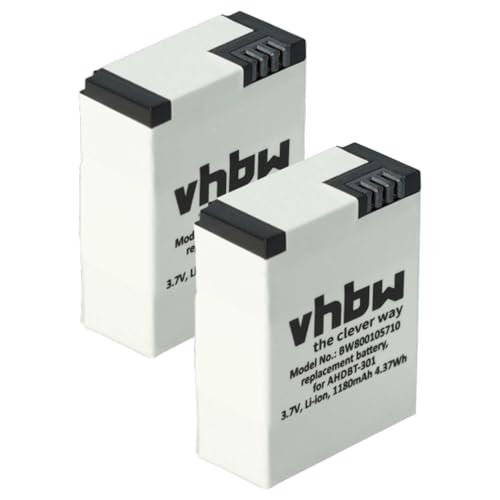 vhbw 2X Akku kompatibel mit GoPro Hero 3 III, 3 III CHDHX-301, 3 III Black Edition Videokamera Camcorder (1180 mAh, 3,7 V, Li-Polymer)