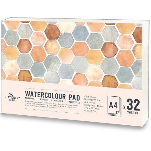 Stationery Island Aquarellpapier A4 300g, 32 Blatt Aquarellblock A4, Aquarell Papier für Wasserfarben, Aquarell Skizzenbuch, Watercolor Paper für Studenten,Anfänger, Skizzenbuch Aquarell