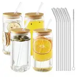 HAOYULUO 4er Set Glas mit Deckel und Strohhalm, 500 ml Trinkgläser mit deckel, Dosenförmige Glasbecher, Geeignet für Eiskaffeetassen, Limonaden, Smoothies, Bier, Cocktails