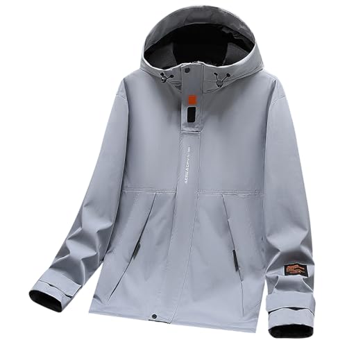 SRZYMJ Windjacke Herren Wasserdicht Mantel Herren Teddyfleece Fleecejacke Sweatjacke Herren Mit Kapuze Black Hoodie Mantel Herren Grey Mens Jacket L