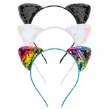 3 Stück Katzenohren Haarreifen, Glitzer Katzenohren Haarschmuck Pailletten Cat Ears Stirnbänder Mädchen Haarband mit Ohren Katze Haar Hoops für Geburtstagsparty Cosplay Tägliche Dekoration