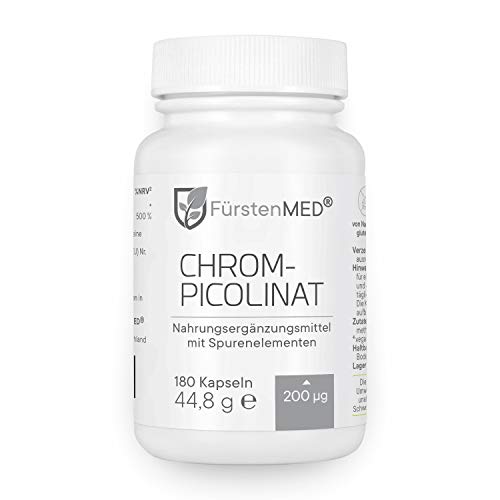 FürstenMED® Chrom Kapseln aus Chromium Picolinate (Chrom Picolinat) - Essentielles Spurenelement mit 200 mcg - 180 Vegane Kapseln - keine Tabletten