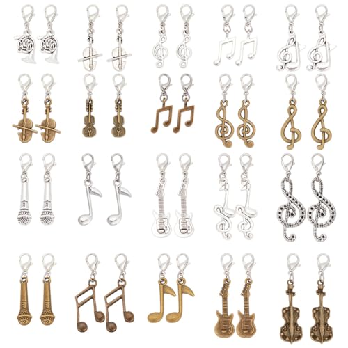 GOMAKERER 40 Stück 20 Stile Musik-Reißverschlussanhänger, Musikinstrument Legierung Reißverschluss-Anhänger Gitarre Violine Reißverschluss Dekoration Ersatz-Reißverschlusslasche Für Taschengepäck
