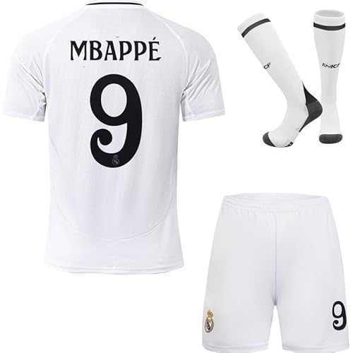 KISRAS R.Madrid Mbappe #9 2024/2025 Heim Trikot Shorts und Socken Kinder und Jugend Größe (Weiß,24)