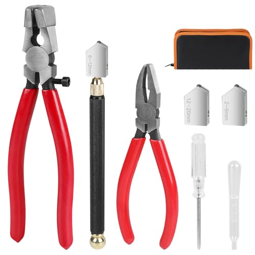 LALAGO 8tlg Glasschneider für Flaschen, Professionelles Glasbrech- und Fugenzange Pliers, Grozer Glaslaufzangen Set mit 2 Ersatzschneidkopf, Tropfrohr für dick Mosaik Fliesen Spiegel Stained Glass Kit