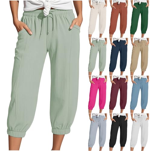 leichte sommerhose damen, Musselin Hose Sommerhose Damen Leicht Sommer Leinen Shorts 2025 Beach Kurze Hosen Mit Taschen Stoffhose Kleid Stretch Gerades Bein Kordelzug Leinenhose Bluse, hellgrün L