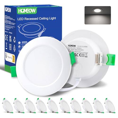 HOMEOW Einbaustrahler LED 230V Flach 68mm, Deckenspots 5W 400 Lumen, Einbauleuchten Decke LED Neutralweiß 4000K, IP44 LED Spots für Badezimmer Küche, 10er Set