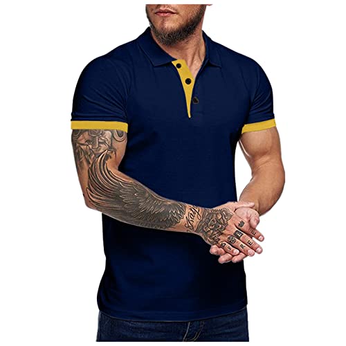 Herren Shirt Stretch Sweatshirt Henley Kurzarm T Shirts Slim Fit Sommer Freizeit Günstig Kleider Regular Oversize Sport Shirts Kleidung Clothes Outfits Gelb XXL