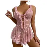 HOTSO Frauen Spitze Sexy Dessous Gaze Einteilige, Sexy Lingerie Sheer Cami und Short Schwangere Set Schiere Mesh Nachtwäsche Romantische Dessous Fraun Damen Datum (Rosa, S-M)