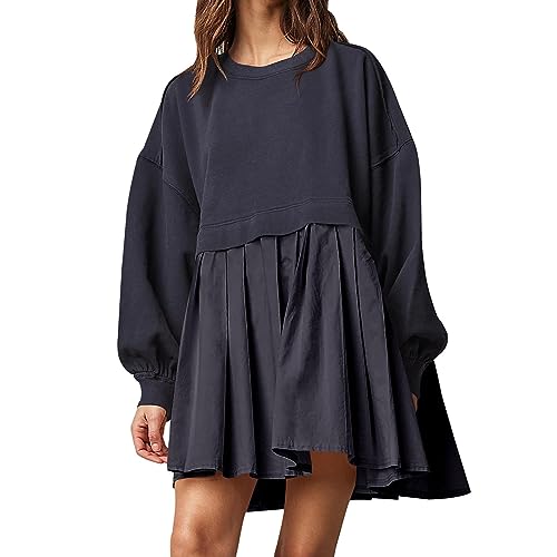 2024 – Damen-Sweatshirt-Kleid mit langen Ärmeln, Rundhalsausschnitt, lockere Passform, Sweatshirts, Minikleid, Sommer, Business, Freizeitkleidung für Damen, dunkelblau, L