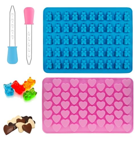 Gummibärchen Form Silikon,2pcs Silikon Form,Mit 2 Tropfern,Antihaft Silikonform Gummibärchen,Silikon Gummibärchen Form,Wiederverwendbar Silikonform Herz für DIY Süßigkeiten Schokolade,55 Herz/50 Bären