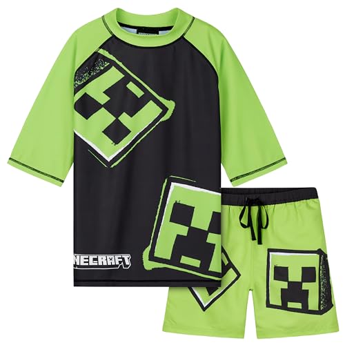 Minecraft Badeanzug Jungen, Zweiteiliger Schwimmanzug - Schwimmshirt & Badeshorts (7-8 Jahre, Hellgrün/Schwarz)