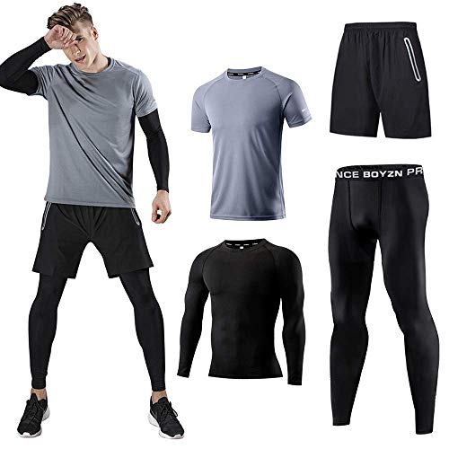 Kompressionsanzug Herrenanzug Trainingsanzug 4-teiliges Herren atmungsaktives Sportswear Laufanzug Kurzarmhemd Kompressionshemden Halbhose Strumpfhose schweißabsorbierend und schnelltrocknend Grau-L