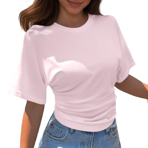 Damen T-Shirt mit Rundhalsausschnitt, kurzärmelig, Koreanisches Design, passend für den Sommer, einfarbig, lockeres Oberteil Spitzenoberteil Hochzeit (L)