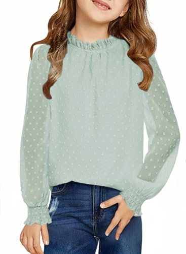 Arshiner Mädchen Langarmshirt Chiffon Kinder Tunika Punkt Faltiger Kragen Oberteile Freizeit Locker Longsleeve Herbst Winter Niedlich Shirt für Mädchen 9-10 Jahre Hellgrün