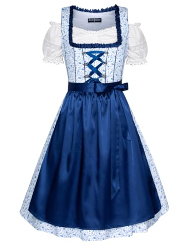 SCARLET DARKNESS Damen Oktoberfest Dirndl Midi Kleid 3tlg Trachtenkleid, Dirndlschürze, Bluse Schwarz Dirndl Kleid für Oktoberfest Trachtenkleid Blau S