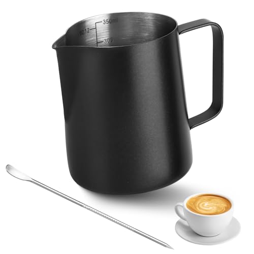 VMUTGA Milchkännchen Edelstahl, 350 ml Milchkanne Edelstahl Schwarz Kaffee Milch Aufschäumer Kännchen Handheld Aufschäumkännchen mit Messung Mark Barista Zubehör für Espresso Cappuccino Latte Art