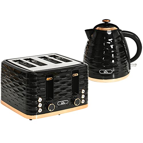 HOMCOM Wasserkocher Toaster Set Frühstück-Set mit 1,7L Wasserkocher, 4 Scheiben Toaster, 2200 W, 7 Bräunungsstufen, Auftauen, Aufwärmen und Krümelfach, Otter Thermostat, Schwarz