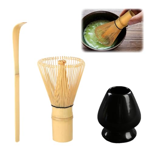 Strehknewen Matcha-Set, Matcha Tee Set mit Bambus Schneebesen, 80 Zinken, Handarbeit, Traditionell Japanische Teezeremonie, Grüner Tee Pulver Set, 3-teiliges Geschenk-Set, Einfach zu Reinigen(Schwarz)