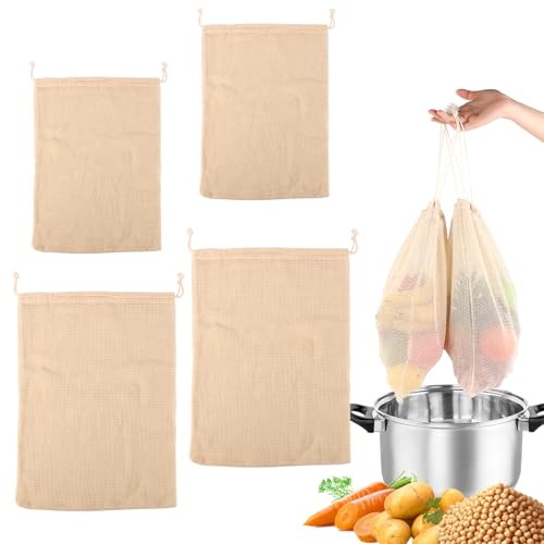 LWMTT 4 Stück Kochbeutel Netzbeutel, Netztasche zum Kochen von HüLsenfrüchten Wiederverwendbare 2 * (30 x 25 cm und 40 x 30 cm) Waschbar Baumwollbeutel für Gekochte Kichererbsen, Suppen, Eintöpfe