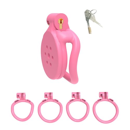 Crysore Flat Chastity Cage Male mit 4 Penisrings Leichter Keuschheitskäfig Herren in Invisible Lock Design Klein Cock Cage SM Sex Spielzeug für Männer, Paare (Pink,II Generation)