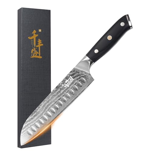 QIANFENGSHENG Damaszener Santokumesser 18 cm, professionelles Küchenmesser mit Holzgriff, Kochmesser mit hohem Kohlenstoffgehalt, ultrascharfe Küchenmesser VG10 Damaszener Edelstahl