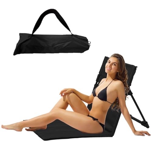 Strandmatte Mit Rückenlehne, 600D Oxford-Gewebe bodenstuhl Outdoor, strandstuhl klappbar leicht, Campingliege, Sitzunterlage Outdoor, für Strand, Garten, Terrasse, Camping und Pool(schwarz)
