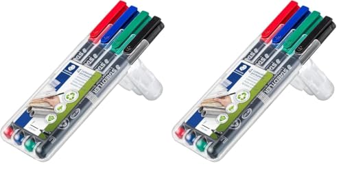 Staedtler permanenter Universalstift Lumocolor, wisch- und wasserfest, sekundenschnell trocken, nachfüllbar, F-Spitze - Linienbreite 0,6 mm, 4 Marker in sortierten Farben, 318 WP4 (Packung mit 2)