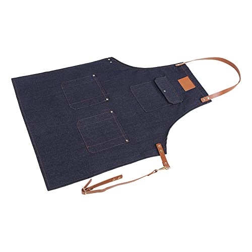 Denim Cobbler Latzschürze für Damen und Herren, Lederriemen, Arbeitskleidung, Koch, Uniform, Lätzchen, blaue Kreuzrückengurte und 3 Taschen, Design für Kochen, Handwerk, Gartenarbeit, Profi-Köch