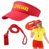 EUPSIIU 2 Stück Lifeguard Set Fasching Kostüm Karneval Verkleidung Rettungschwimmer, Rot Lifeguard Visor Cap Herren Damen Kostüm Mit Kunststoff-Sportpfeifen für Rettungsschwimmer Trainer