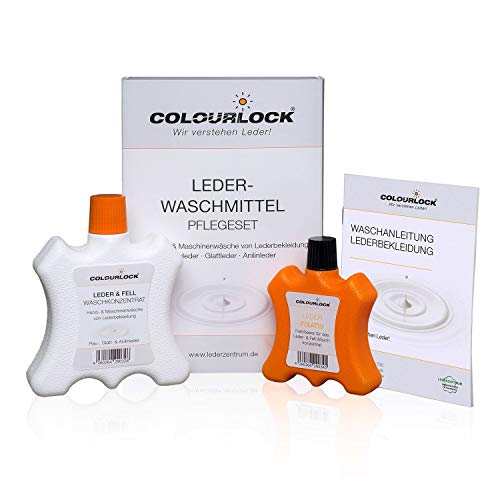 COLOURLOCK Lederwaschmittel 250 ml + Leder Fixativ 100 ml (Set), für die Wäsche von Lederkleidung, Lederjacke, Lederhose (Krachlederne), Ledermantel