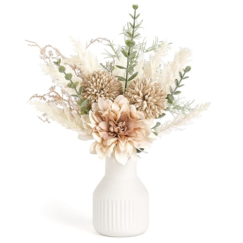 Mkono kleine künstliche Blumen in Keramik Vase 13.5" Mittelstücke Couchtisch Dekor, Seide Blume Bouquet Arrangements für Home Decor, Innen, Esszimmer, Küche, Hochzeit, Braun