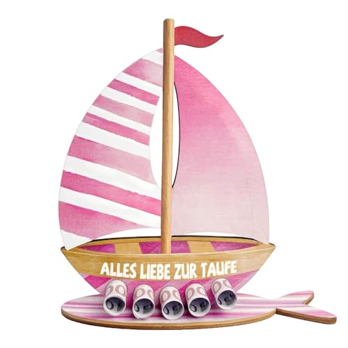 Taufgeschenke für Mädchen, Geldgeschenk zur Taufe - Holz Boot mit Basis, Originelle Taufe Geschenk Taufdeko für Mädchen (Rosa)