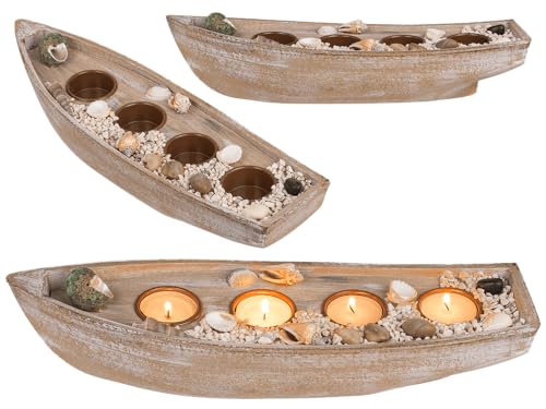 Holz-Boot für 4 Teelichte, Muscheldeko & Steine, ca. 36,3 x 11 x 9 cm, Beige
