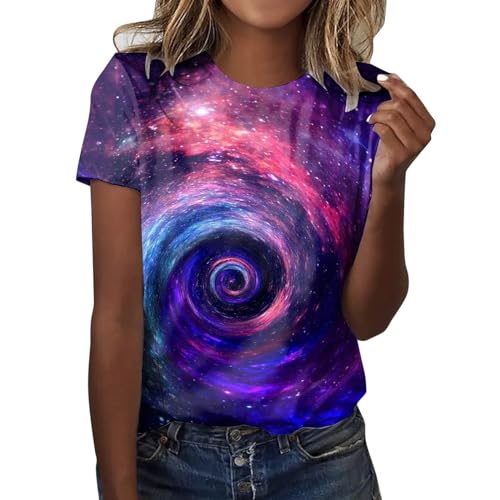 Damen Lässige Oversize T-Shirt Damen-T-Shirt mit Galaxy-Sternenhimmel-Muster, Rundhalsausschnitt, lockeres, kurzärmliges Oberteil Damen T-Shirts mit Print (Navy, S)