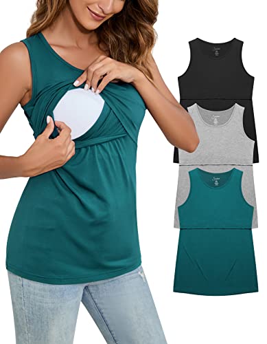 Sosolism 3 Pack Damen Stillen Tanktops Ärmellos Still-T-Shirt Sommer Lässig Mutterschaft Trägertop Umstandsmode Nursing Oberteil Trägershirt,Grün/Hell Grau/Schwarz,L