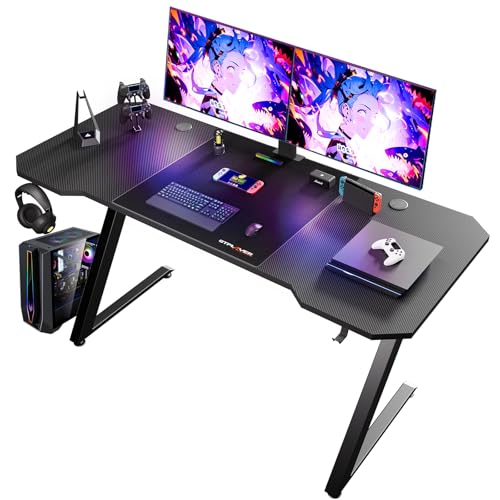 GTPLAYER Gaming Tisch, Gaming Schreibtisch 120 x 60cm, PC Tisch Gamer Tisch mit Kohlefaseroberfläche, Stabiler Computertisch mit Kopfhörerhaken, Schwarz