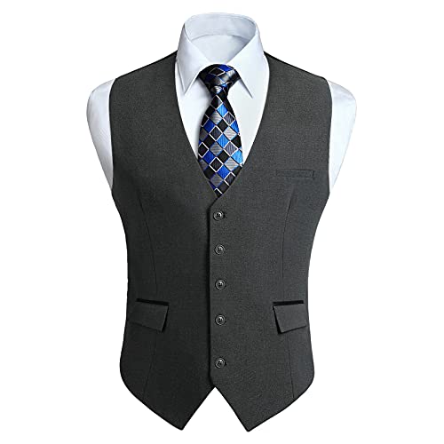 HISDERN Anzugweste Herren Dunkelgrau Elegant Hochzeit Weste Klassische Casual Businessweste Formelle Smoking Anzugwesten mit Taschen M