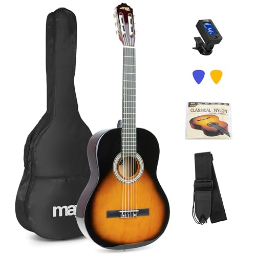 MAX SoloArt - 4/4 Akustik Gitarre für Anfänger Einsteiger Erwachsene - Akustikgitarre inkl. Tasche, Stimmgerät, Plektrum, Gurt und Zubehör - Acoustic Guitar, Konzertgitarre in Sunburst