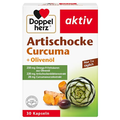 Doppelherz Artischocke + Olivenöl + Curcuma - Pflanzliches Nahrungsergänzungsmittel mit Artischocken- & Kurkuma-Extrakt sowie Omega 9-Fettsäuren - 30 Kapseln (1er Pack)